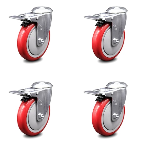 Service Caster 5 Inch Red Polyurethane Swivel Bolt Hole Caster Set with Total Lock Brake SCC SCC-BHTTL20S514-PPUB-RED-4
